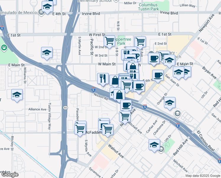 map of restaurants, bars, coffee shops, grocery stores, and more near Overton Court in Tustin