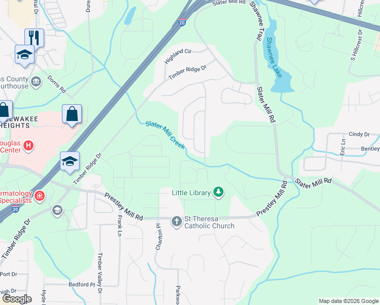map of restaurants, bars, coffee shops, grocery stores, and more near 8753 Danley Drive in Douglasville