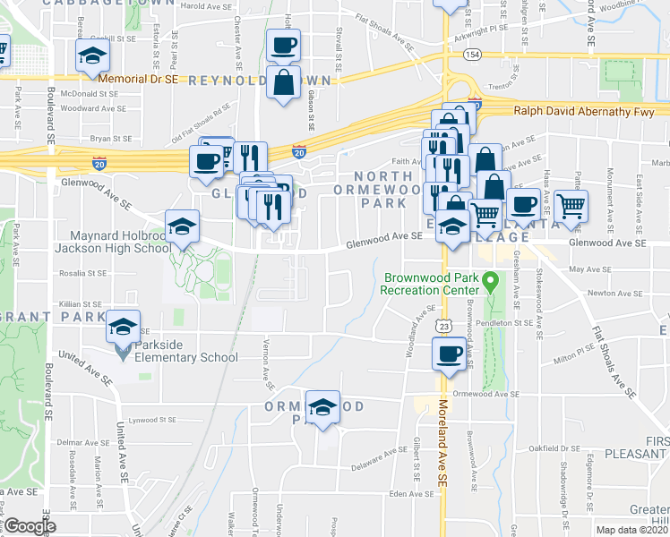 map of restaurants, bars, coffee shops, grocery stores, and more near 560 Glenwood Place Southeast in Atlanta