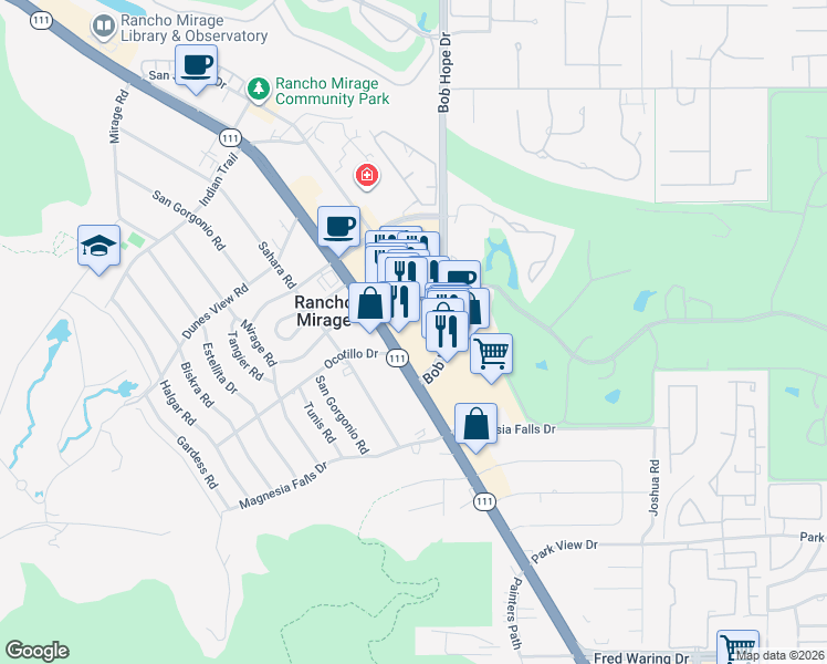 map of restaurants, bars, coffee shops, grocery stores, and more near 71800 California 111 in Rancho Mirage