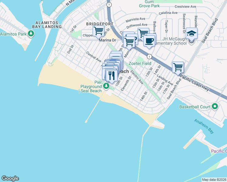 map of restaurants, bars, coffee shops, grocery stores, and more near 12 10th Street in Seal Beach