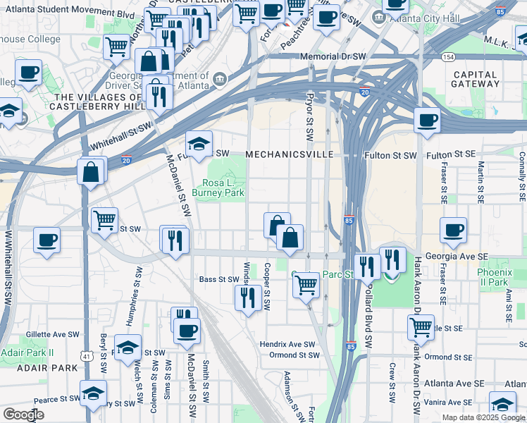 map of restaurants, bars, coffee shops, grocery stores, and more near 581 Cooper Street Southwest in Atlanta