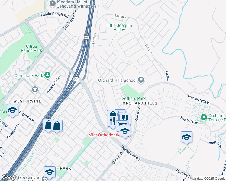 map of restaurants, bars, coffee shops, grocery stores, and more near Sunset Cove in Irvine