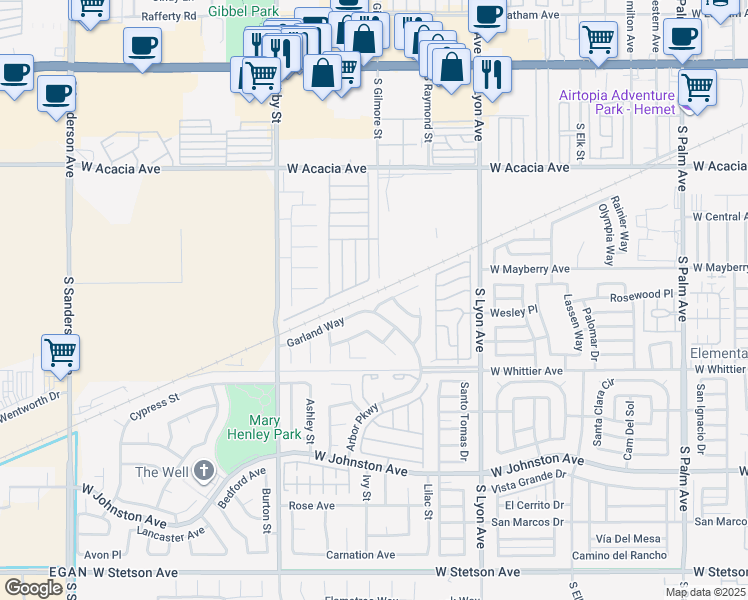 map of restaurants, bars, coffee shops, grocery stores, and more near 2196 Rosemary Court in Hemet