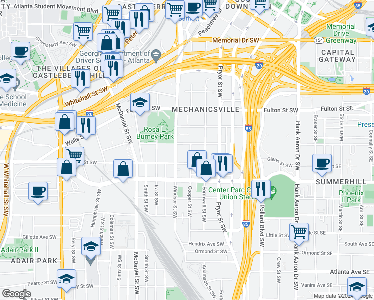 map of restaurants, bars, coffee shops, grocery stores, and more near 563 Cooper Street Southwest in Atlanta