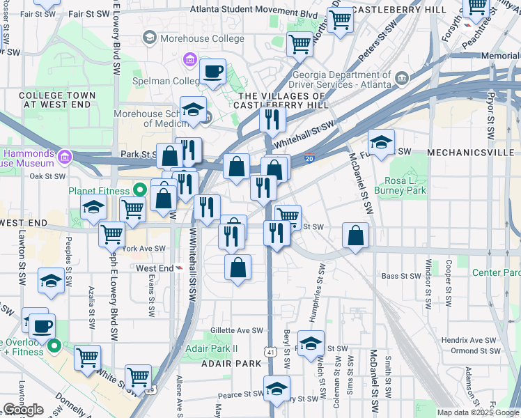 map of restaurants, bars, coffee shops, grocery stores, and more near 601 Bluff Street Southwest in Atlanta