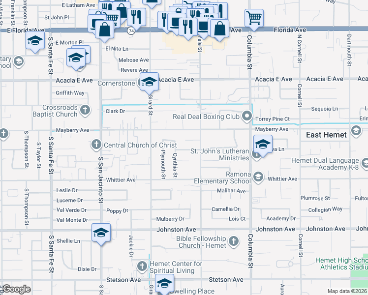 map of restaurants, bars, coffee shops, grocery stores, and more near 40632 Lela May Avenue in Hemet
