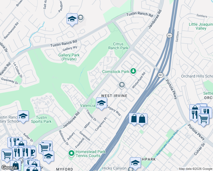 map of restaurants, bars, coffee shops, grocery stores, and more near 2 National Place in Irvine