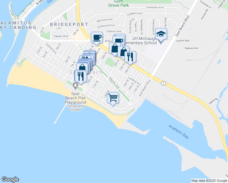 map of restaurants, bars, coffee shops, grocery stores, and more near 150 13th Street in Seal Beach