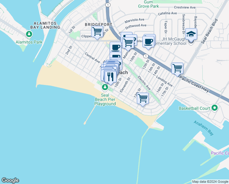 map of restaurants, bars, coffee shops, grocery stores, and more near 906 Ocean Avenue in Seal Beach