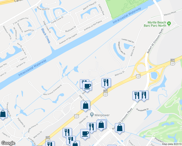 map of restaurants, bars, coffee shops, grocery stores, and more near 4847 Carnation Circle in Myrtle Beach