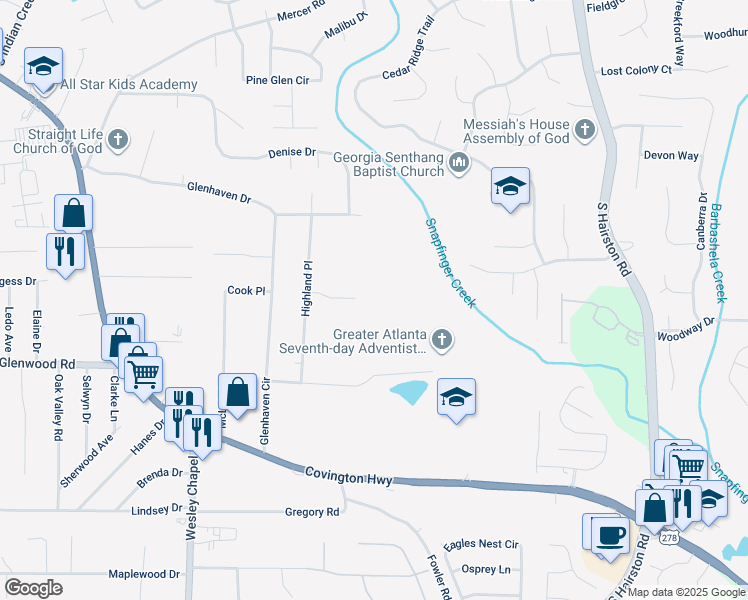map of restaurants, bars, coffee shops, grocery stores, and more near 4478 Highland Road in Decatur