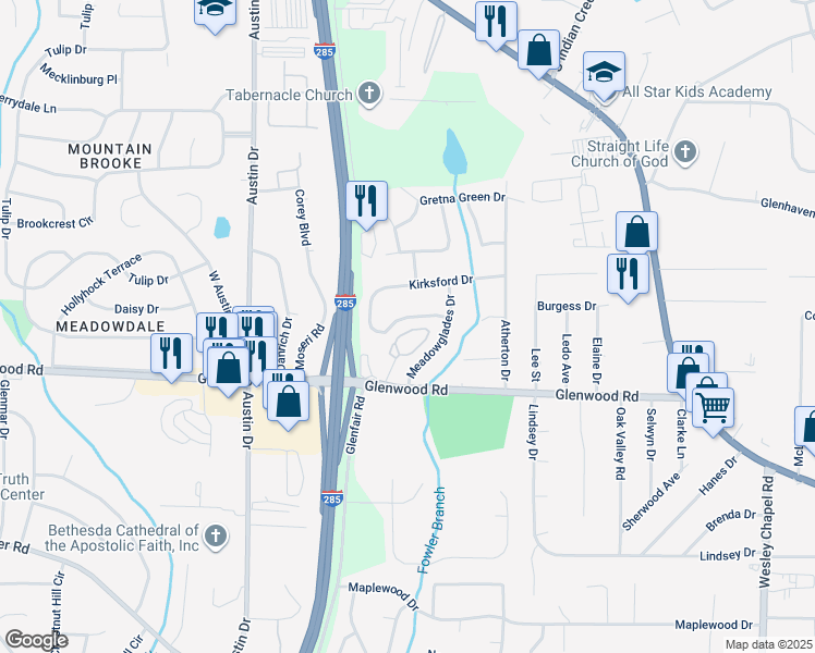 map of restaurants, bars, coffee shops, grocery stores, and more near 144 Glen Acres Court in Decatur