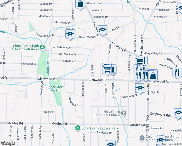 map of restaurants, bars, coffee shops, grocery stores, and more near 1773 Parkhill Drive in Decatur