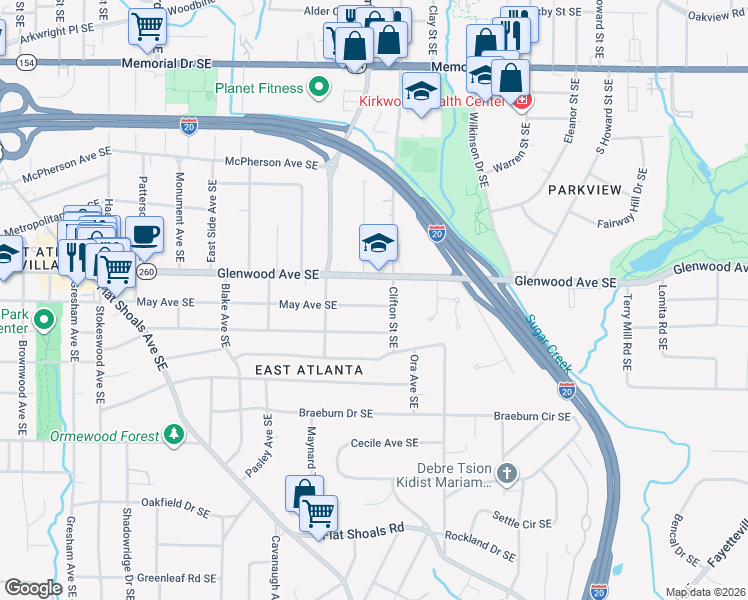 map of restaurants, bars, coffee shops, grocery stores, and more near 1674 May Avenue Southeast in Atlanta