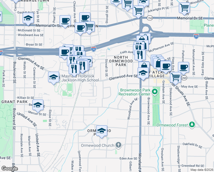map of restaurants, bars, coffee shops, grocery stores, and more near 562 Glenwood Place Southeast in Atlanta