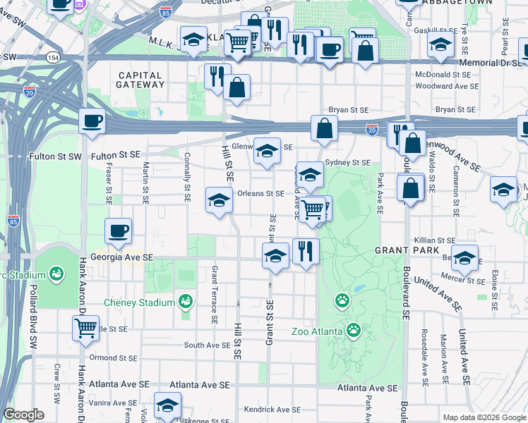 map of restaurants, bars, coffee shops, grocery stores, and more near 567 Grant Street Southeast in Atlanta