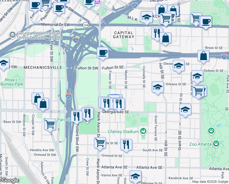 map of restaurants, bars, coffee shops, grocery stores, and more near 561 Reed Street Southeast in Atlanta