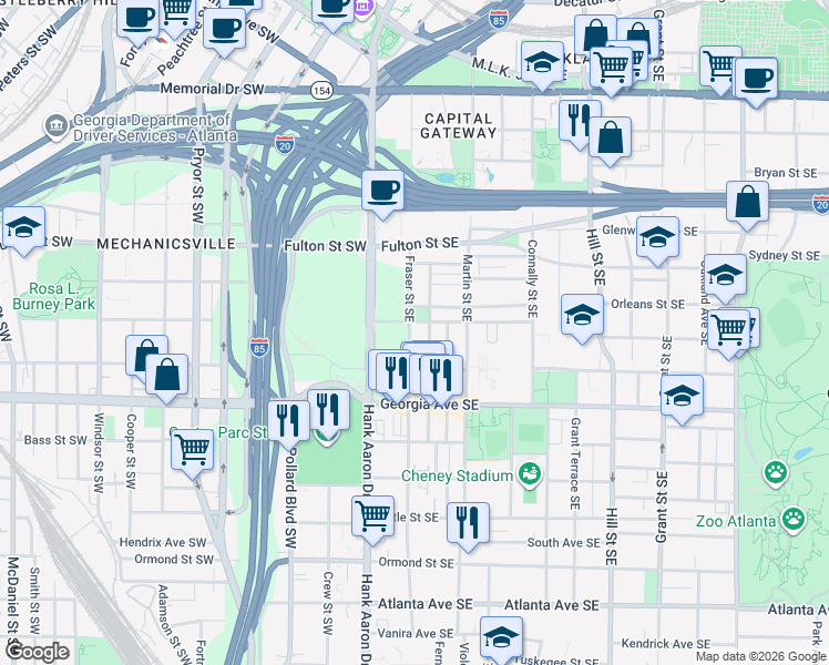 map of restaurants, bars, coffee shops, grocery stores, and more near 558 Fraser Street Southeast in Atlanta
