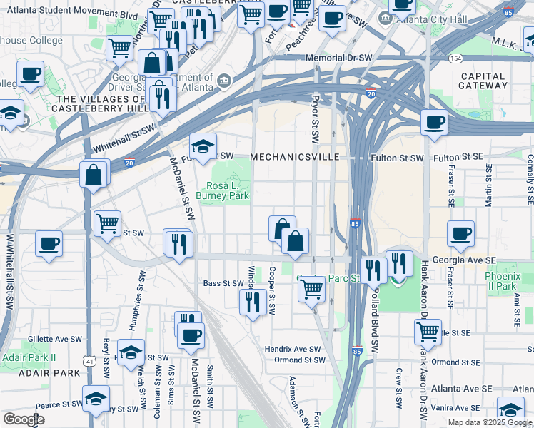 map of restaurants, bars, coffee shops, grocery stores, and more near 581 Cooper Street Southwest in Atlanta