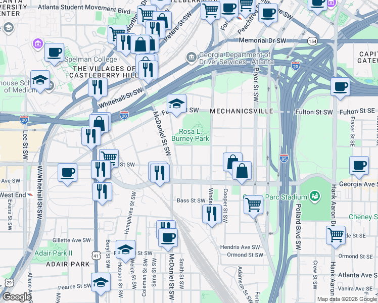 map of restaurants, bars, coffee shops, grocery stores, and more near 575 Ira Street Southwest in Atlanta