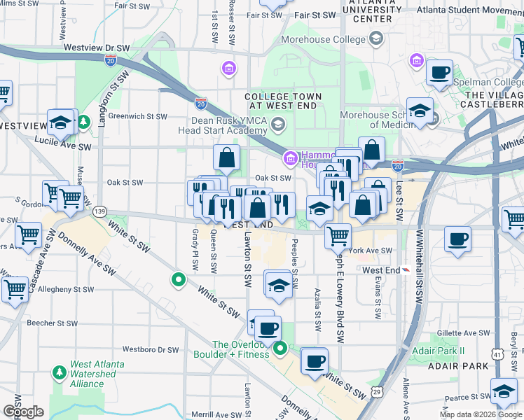 map of restaurants, bars, coffee shops, grocery stores, and more near 572 Lawton Street Southwest in Atlanta