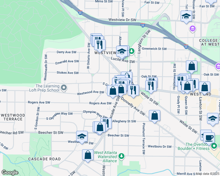 map of restaurants, bars, coffee shops, grocery stores, and more near 1479 South Gordon Street Southwest in Atlanta