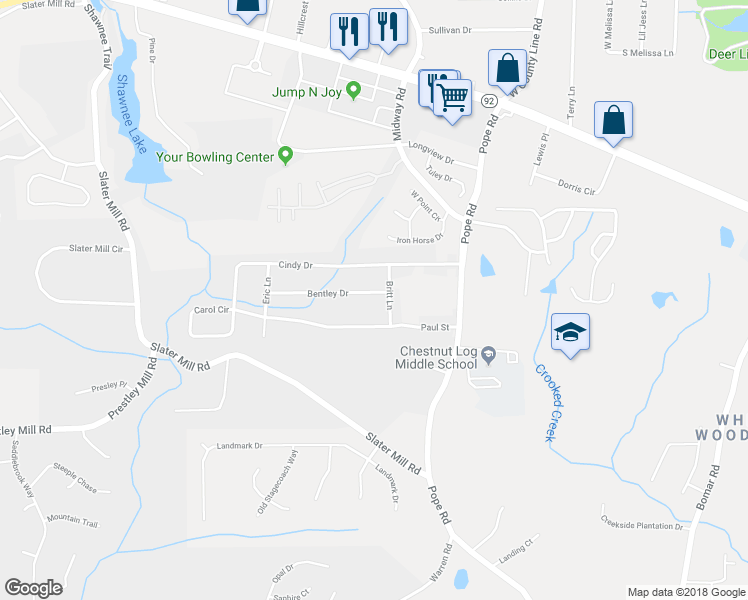 map of restaurants, bars, coffee shops, grocery stores, and more near 3809 Bentley Drive in Douglasville