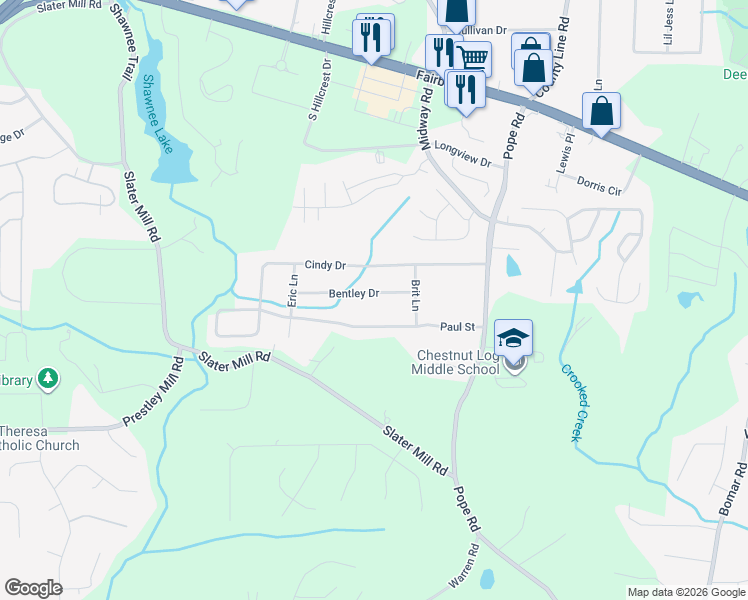 map of restaurants, bars, coffee shops, grocery stores, and more near 3841 Bentley Drive in Douglasville