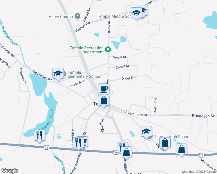 map of restaurants, bars, coffee shops, grocery stores, and more near 95 Rome Street in Temple