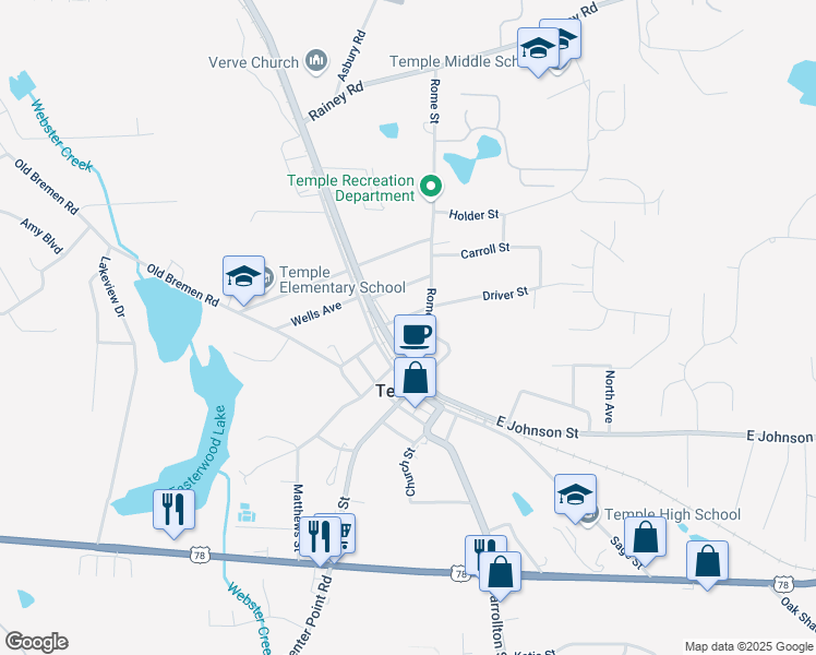 map of restaurants, bars, coffee shops, grocery stores, and more near 65 West Johnson Street in Temple