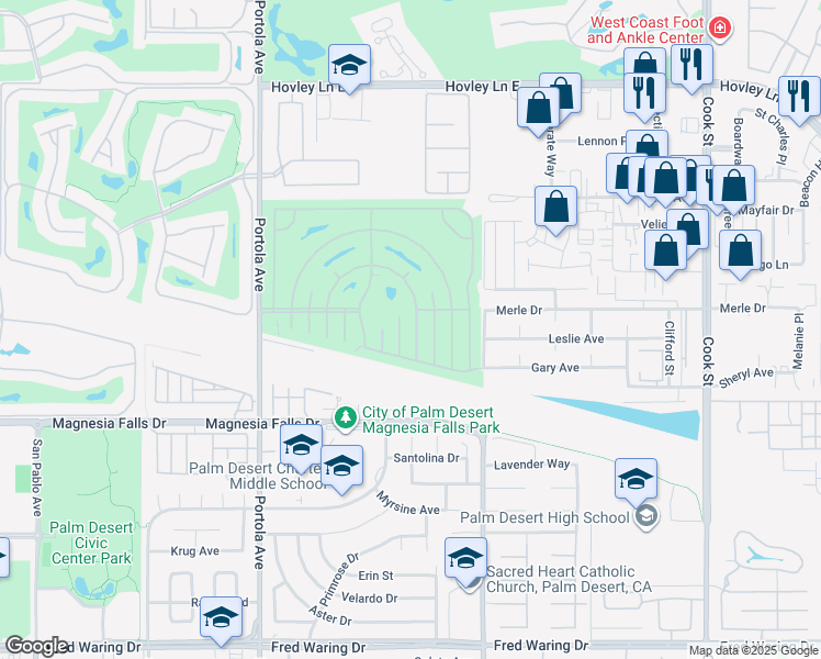 map of restaurants, bars, coffee shops, grocery stores, and more near 74461 Mercury Circle East in Palm Desert