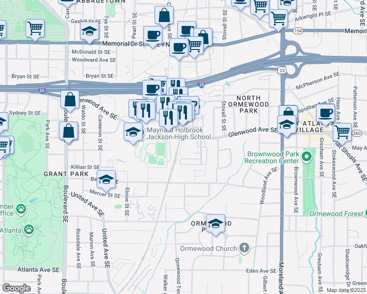 map of restaurants, bars, coffee shops, grocery stores, and more near 885 Glenwood Avenue Southeast in Atlanta
