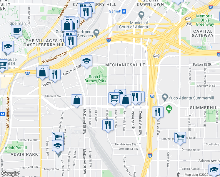 map of restaurants, bars, coffee shops, grocery stores, and more near 584 Windsor Street Southwest in Atlanta