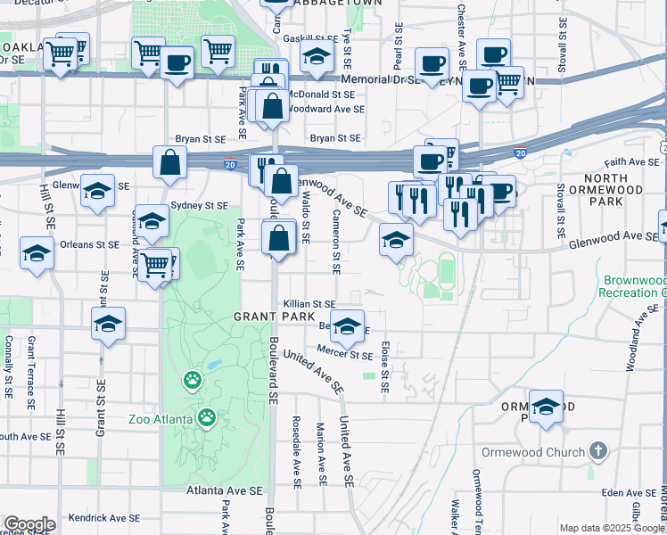 map of restaurants, bars, coffee shops, grocery stores, and more near 678 Rosalia Street Southeast in Atlanta