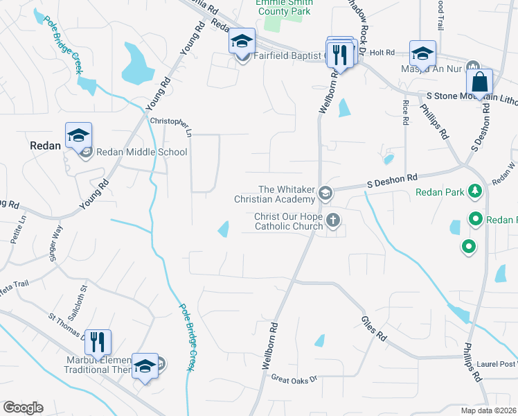 map of restaurants, bars, coffee shops, grocery stores, and more near 5969 South Deshon Court in Lithonia