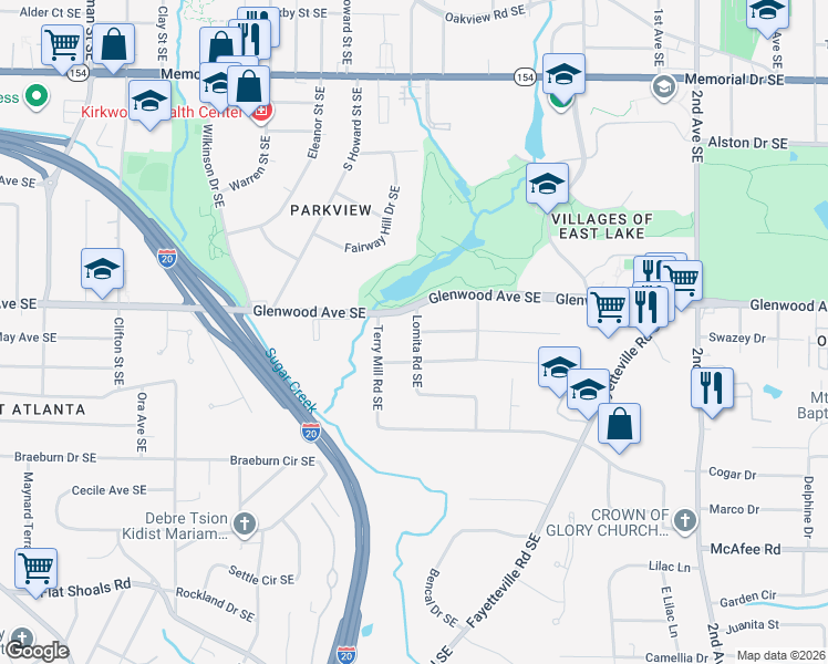 map of restaurants, bars, coffee shops, grocery stores, and more near 1821 Lomita Road Southeast in Atlanta
