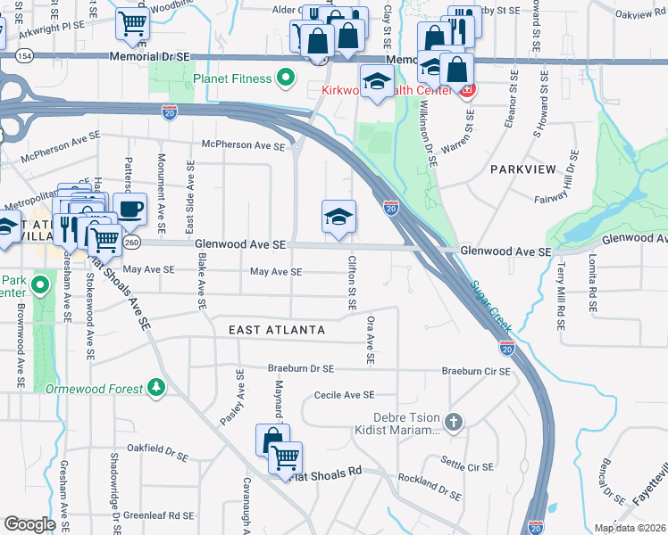 map of restaurants, bars, coffee shops, grocery stores, and more near 1674 May Avenue Southeast in Atlanta