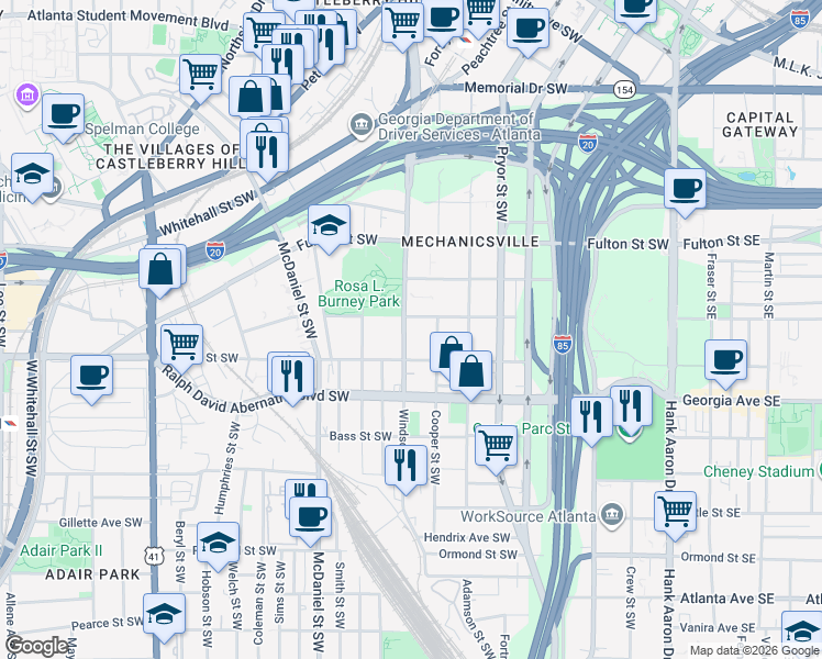 map of restaurants, bars, coffee shops, grocery stores, and more near 563 Cooper Street Southwest in Atlanta