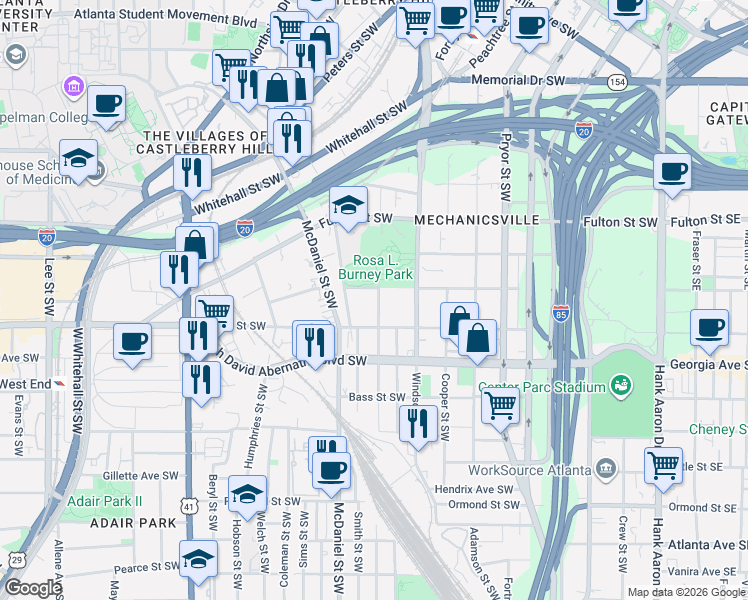 map of restaurants, bars, coffee shops, grocery stores, and more near 380 Crumley Street Southwest in Atlanta