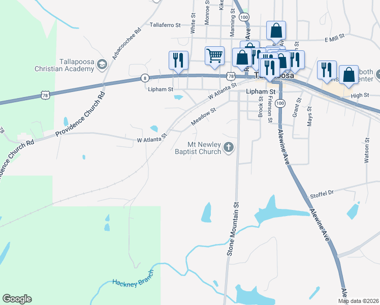 map of restaurants, bars, coffee shops, grocery stores, and more near 150 Pounds Road in Tallapoosa