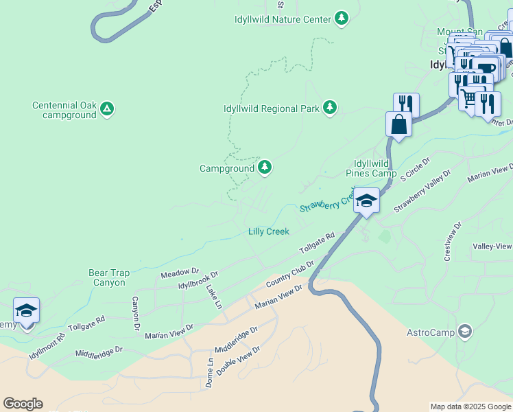 map of restaurants, bars, coffee shops, grocery stores, and more near 26350 Delano Drive in Idyllwild-Pine Cove