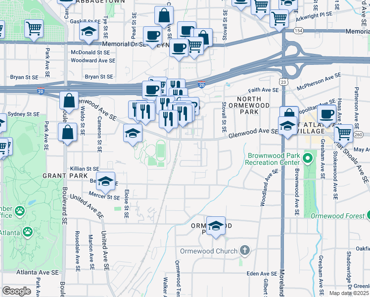 map of restaurants, bars, coffee shops, grocery stores, and more near 915 Glenwood Avenue Southeast in Atlanta