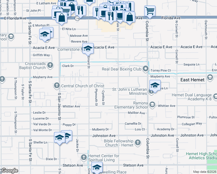 map of restaurants, bars, coffee shops, grocery stores, and more near 40632 Lela May Avenue in Hemet