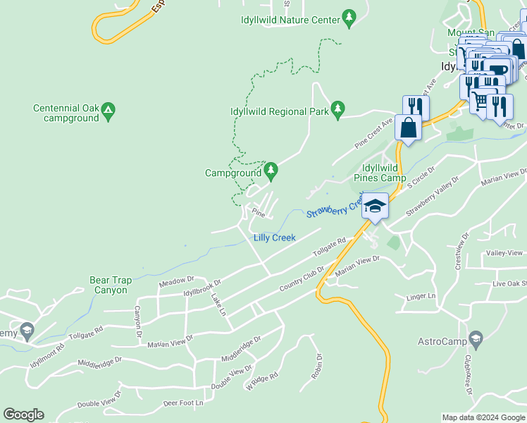 map of restaurants, bars, coffee shops, grocery stores, and more near 26350 Delano Drive in Idyllwild-Pine Cove