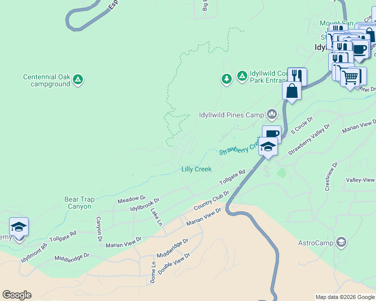 map of restaurants, bars, coffee shops, grocery stores, and more near 26350 Delano Drive in Idyllwild-Pine Cove