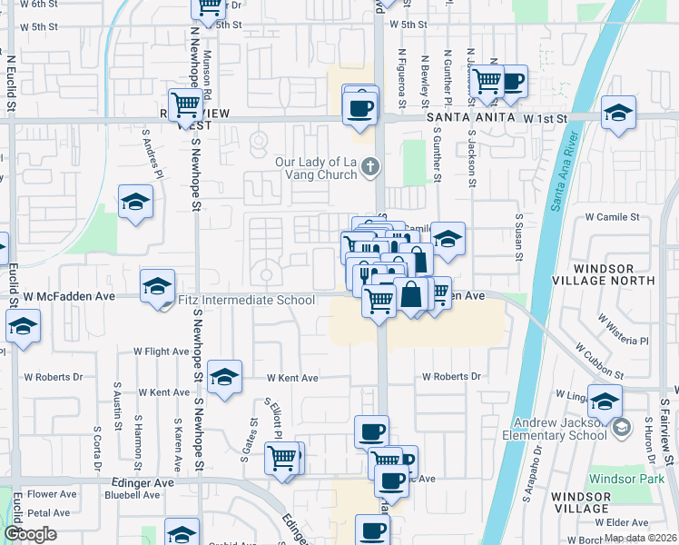map of restaurants, bars, coffee shops, grocery stores, and more near 610 South Dennis Street in Santa Ana