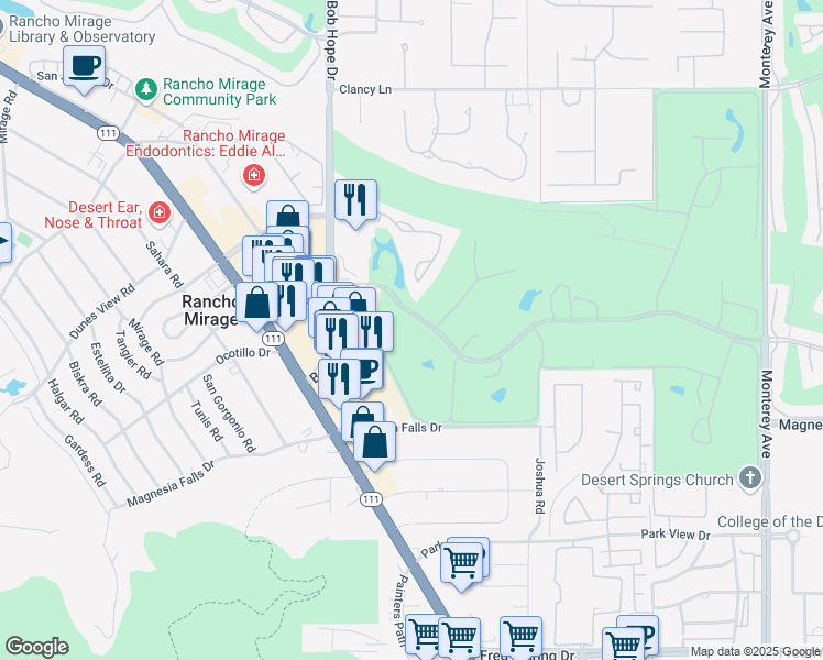 map of restaurants, bars, coffee shops, grocery stores, and more near Avenida Las Palmas in Rancho Mirage