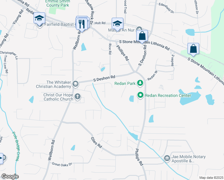 map of restaurants, bars, coffee shops, grocery stores, and more near 6231 Waterton Way in Lithonia