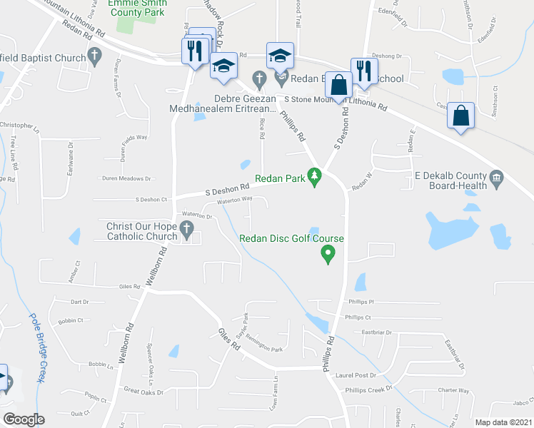 map of restaurants, bars, coffee shops, grocery stores, and more near 6231 Waterton Way in Lithonia